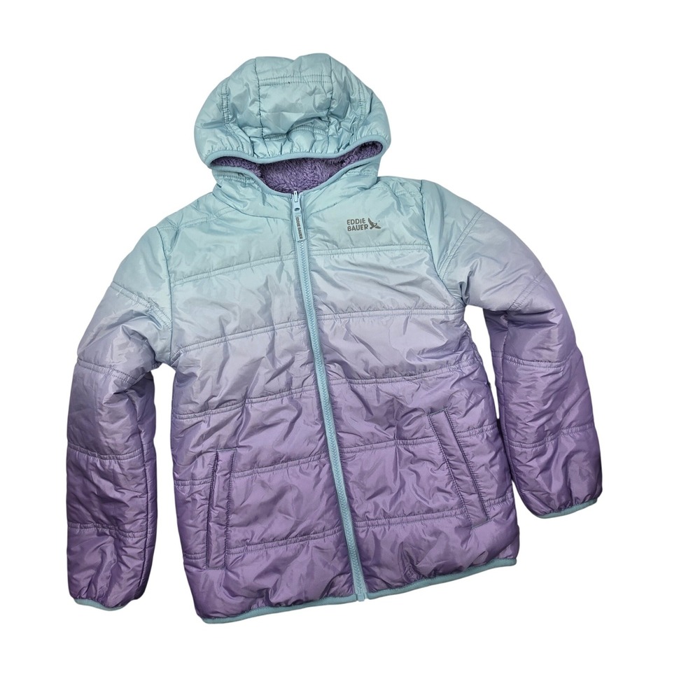 Eddie Bauer Kids Reversible Ombre Puffer Sherpa Fleece Hooded Jacket Purple Teal